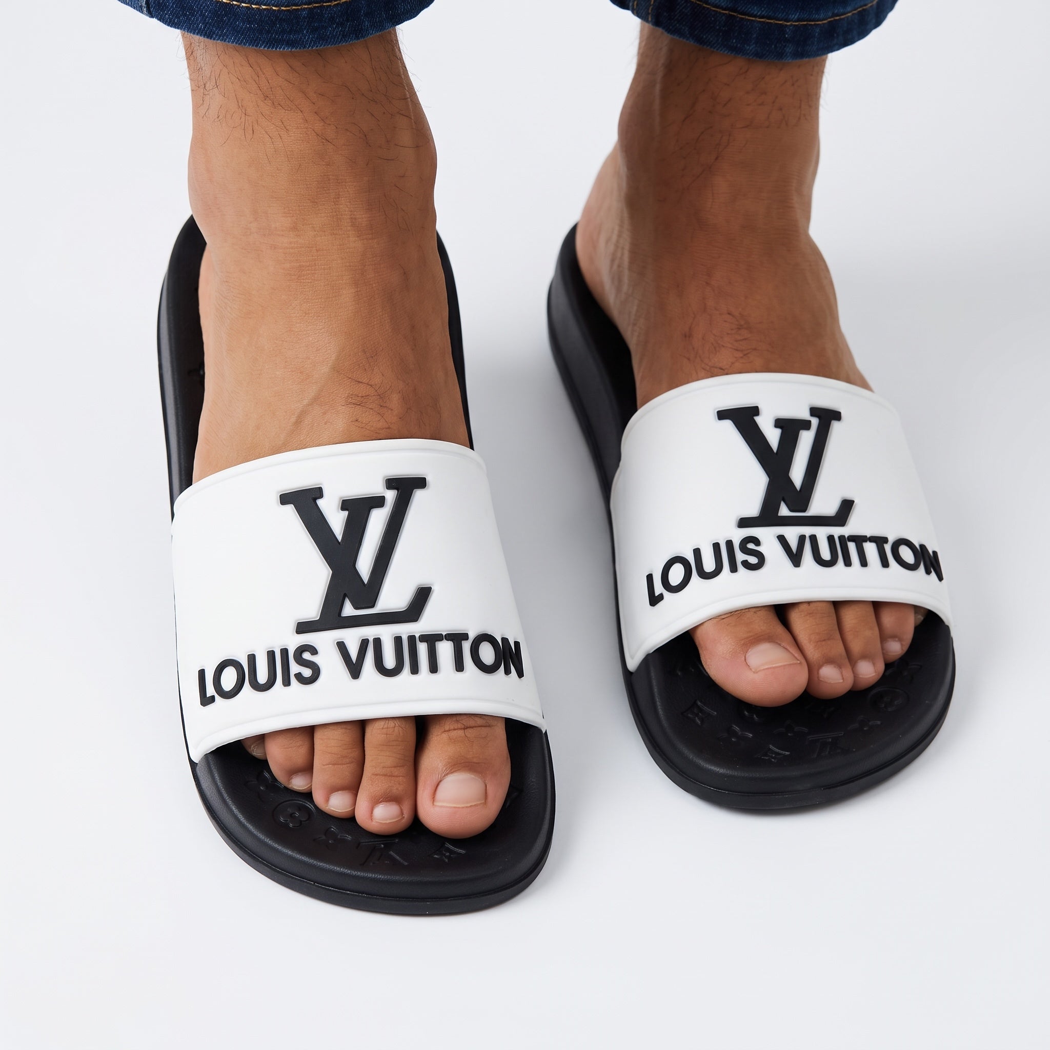 Louis Vuitton white logo slide sandals with black sole