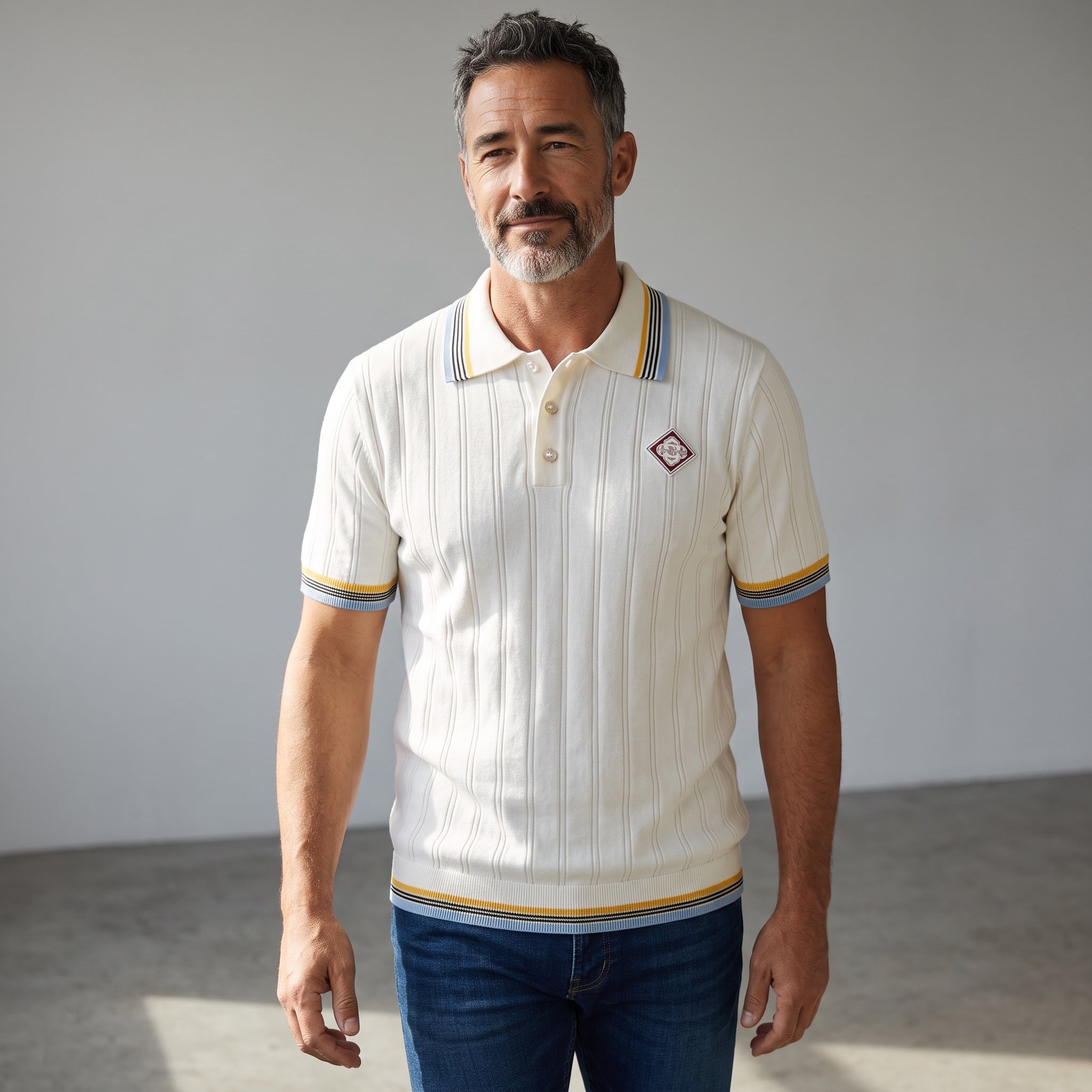 white ribbed short-sleeve polo with striped collar and chest badge