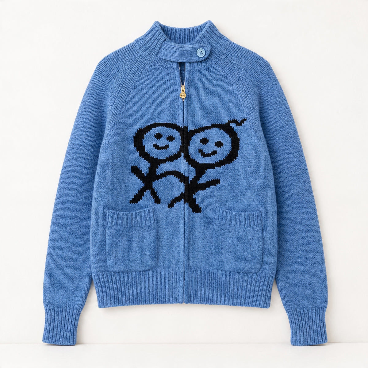 blue zip knit cardigan with high ribbed collar, button tab and black smiley motif