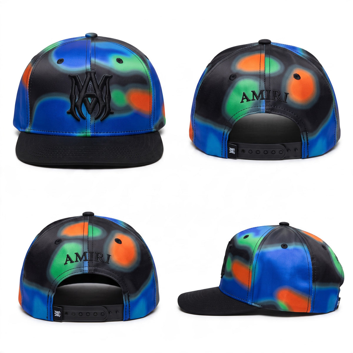 Amiri baseball cap with blue green orange nebula print and black curved brim, embroidered logo and snapback