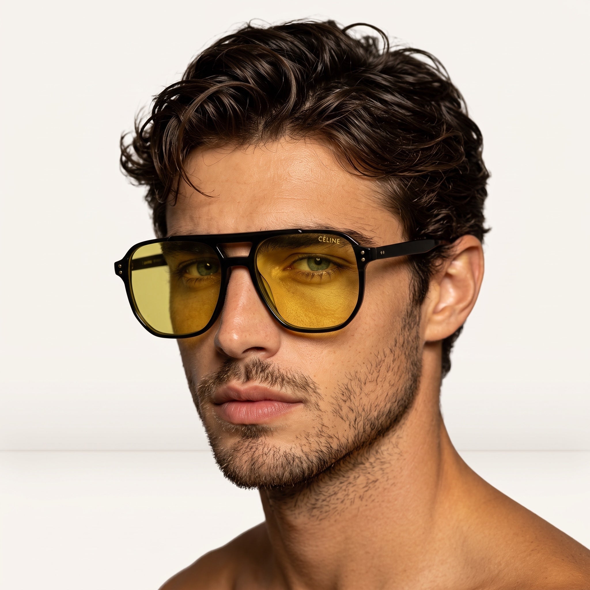 Celine black sunglasses with yellow lenses on male model
