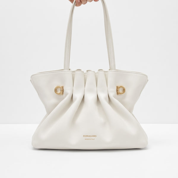 Ferragamo Pleated Tote – White Sculpted Handbag 🤍👜