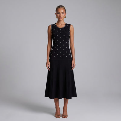 black sleeveless knit tank with pearl-like studs