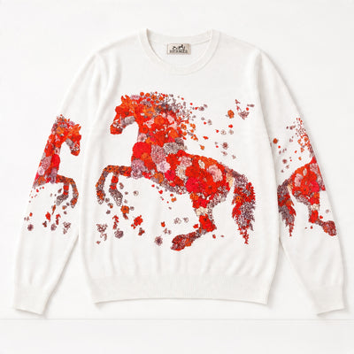 Hermès white crewneck sweater with red floral horse print