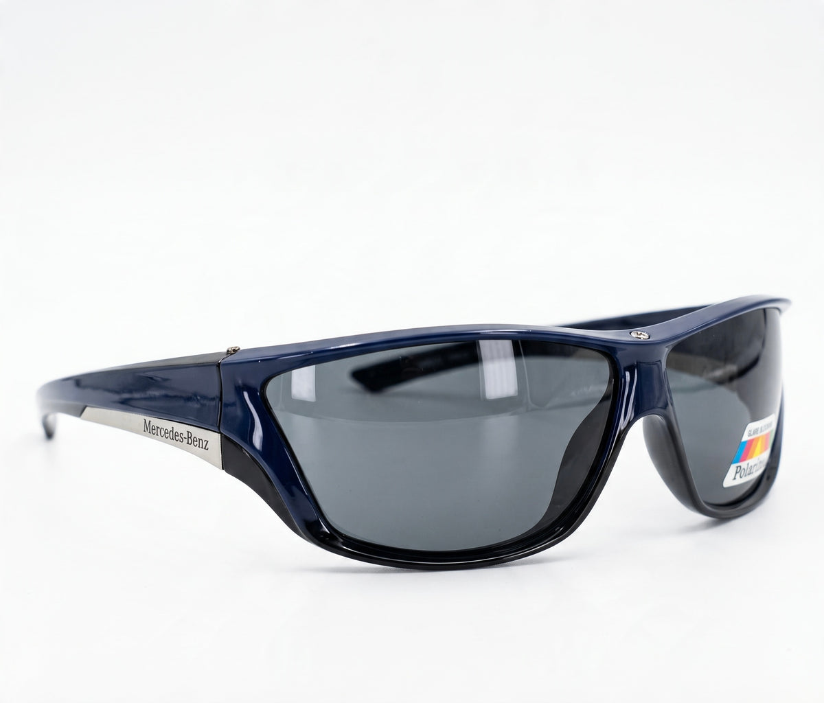 Mercedes-Benz navy wrap sunglasses with polarized dark lenses
