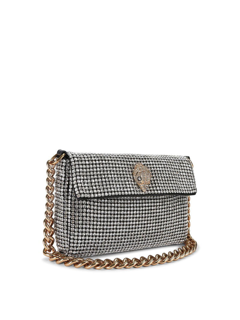 silver crystal shoulder bag with gold chunky chain and jeweled clasp