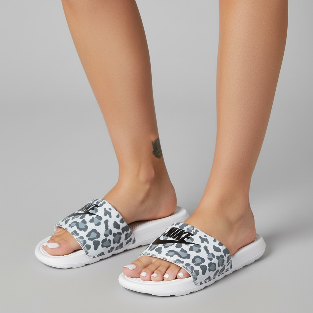 White footbed slide sandals with grey leopard print strap and black Nike logo