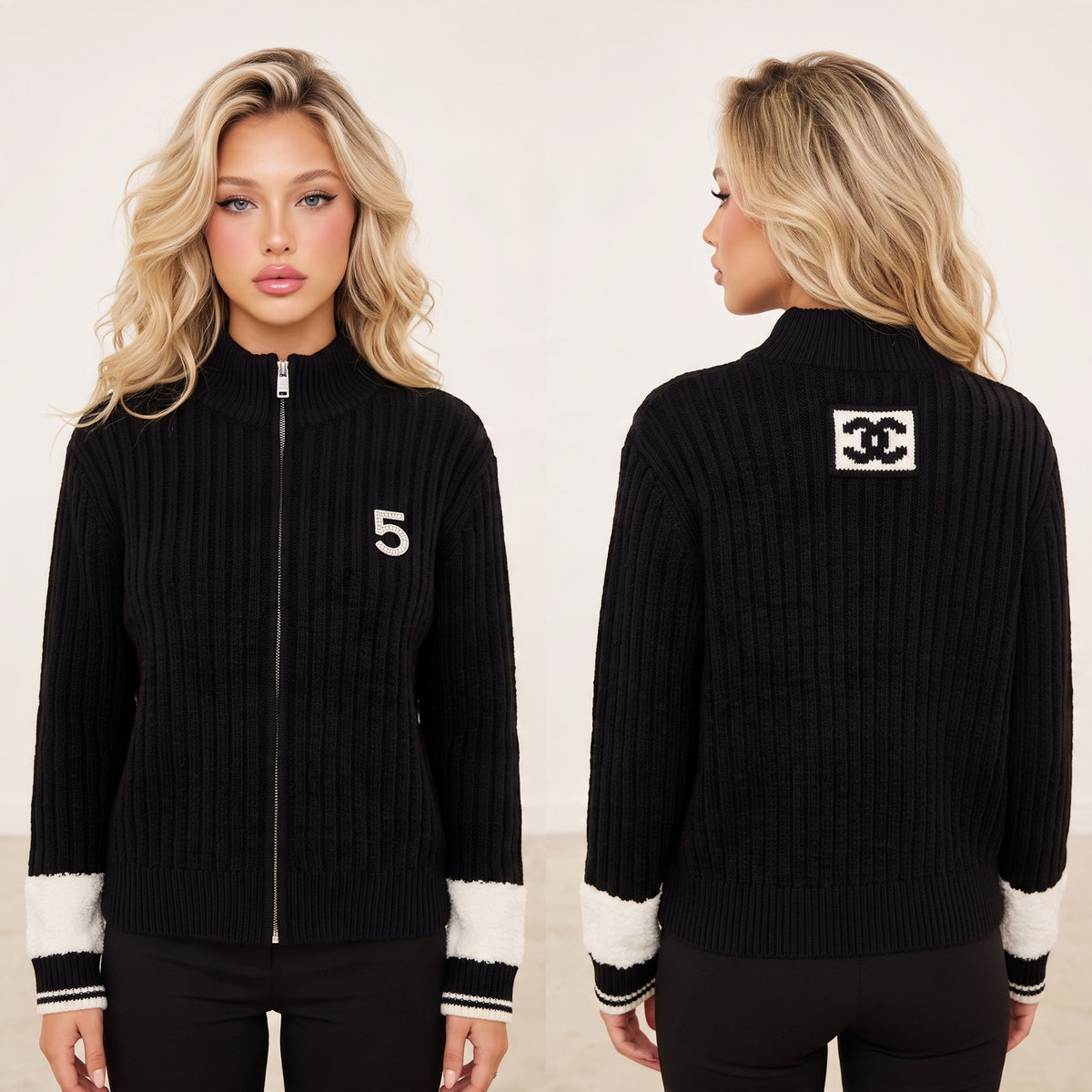 Black ribbed Chanel zip cardigan with white contrast cuffs, embellished 5 patch and logo square on back