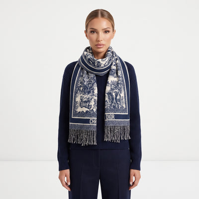 Navy and ivory Dior jacquard scarf with toile motif and fringed ends draped over model