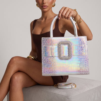 Iridescent croc-embossed tote with crystal buckle and detachable strap