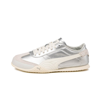Puma low-profile silver metallic trainer with cream formstrip and textured off-white sole