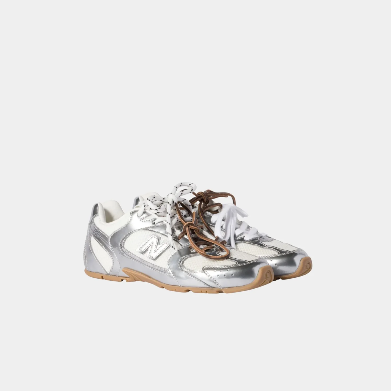 New Balance 328 silver and white trainer with gum sole and mesh upper