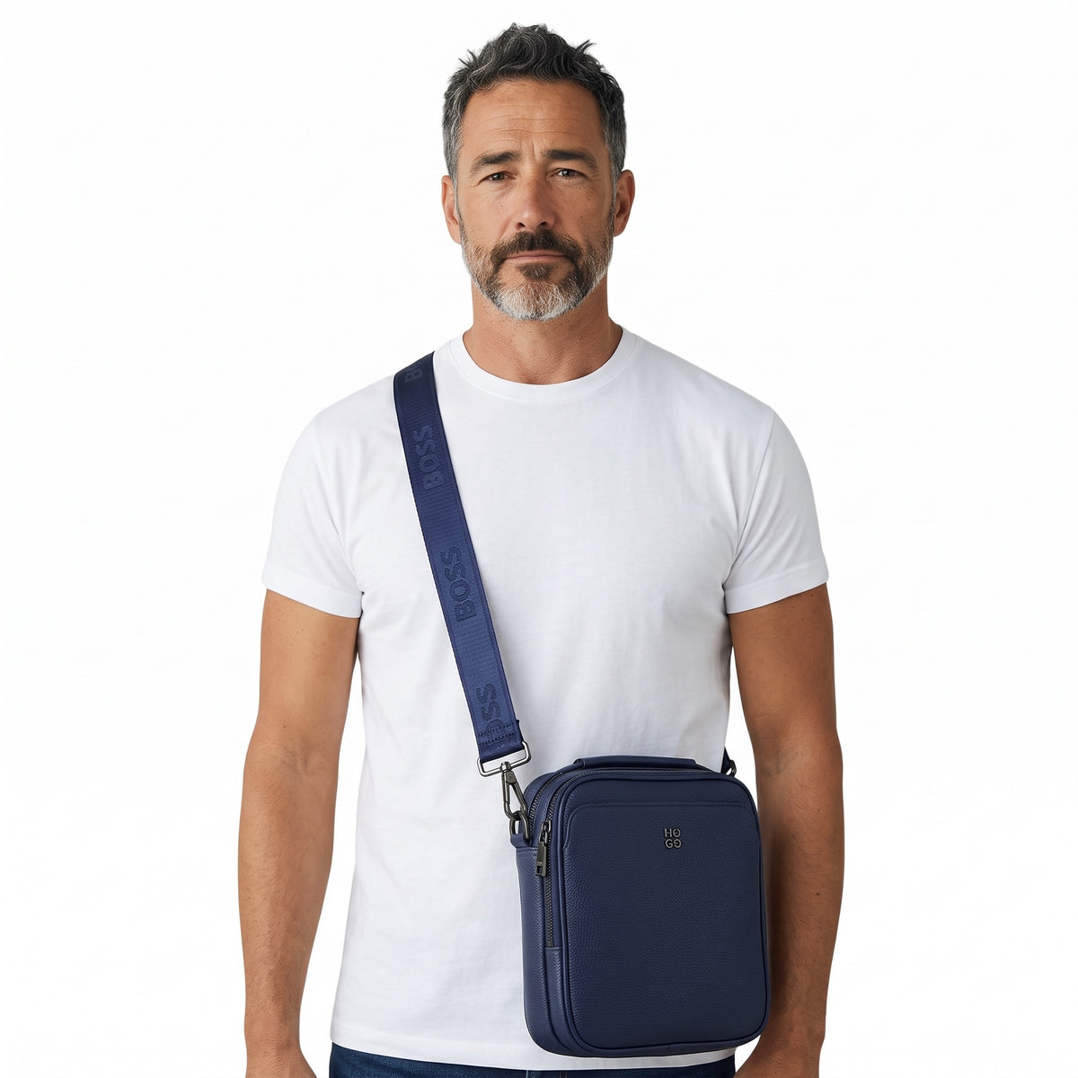 navy pebbled Boss crossbody mini bag with branded strap