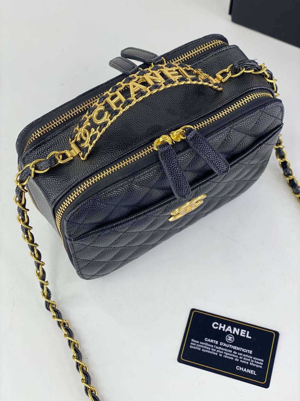 Chanel Quilted Black Vanity Case with Gold Chain