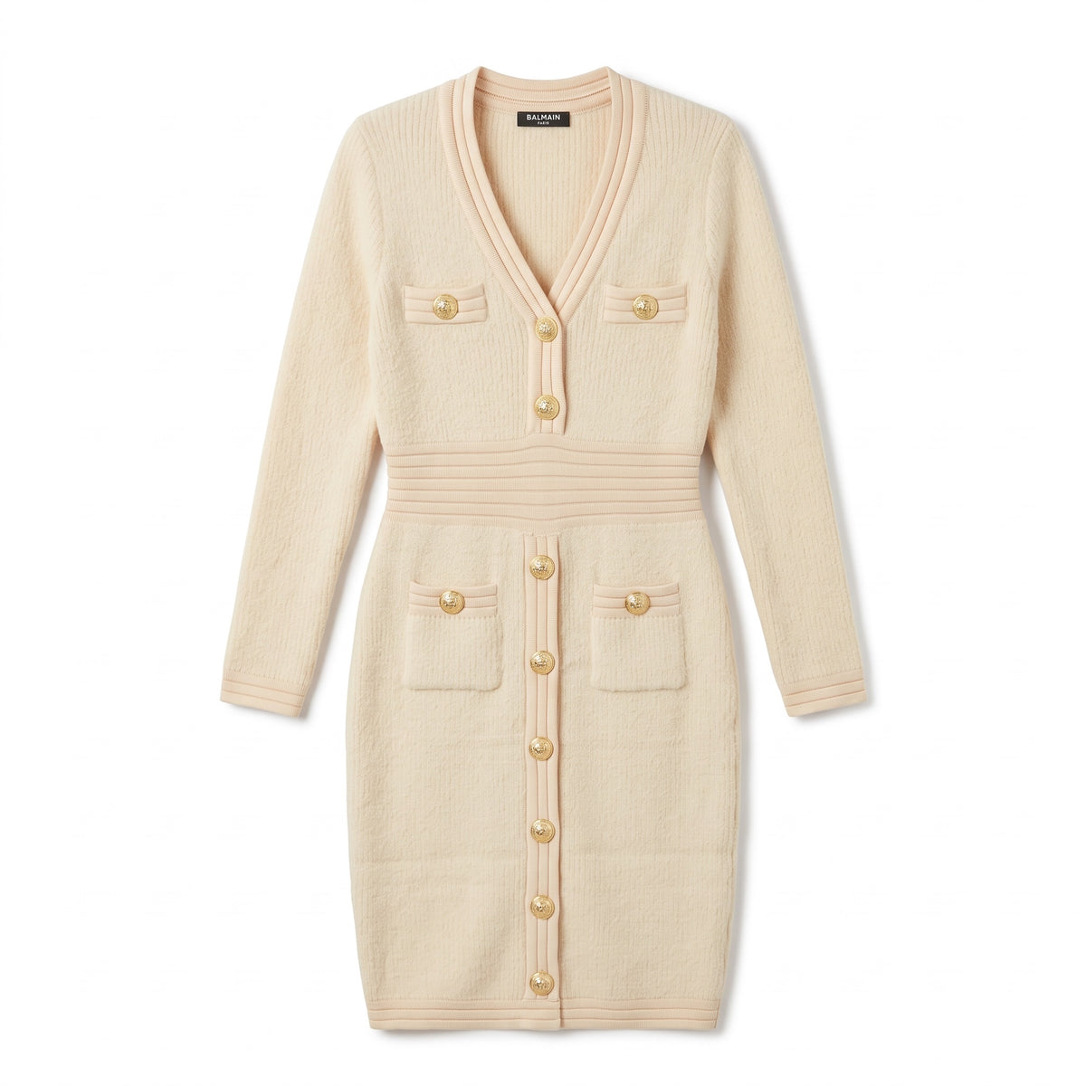 Cream Balmain cardigan-style mini dress with gold buttons and ribbed waist