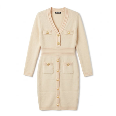 Cream Balmain cardigan-style mini dress with gold buttons and ribbed waist