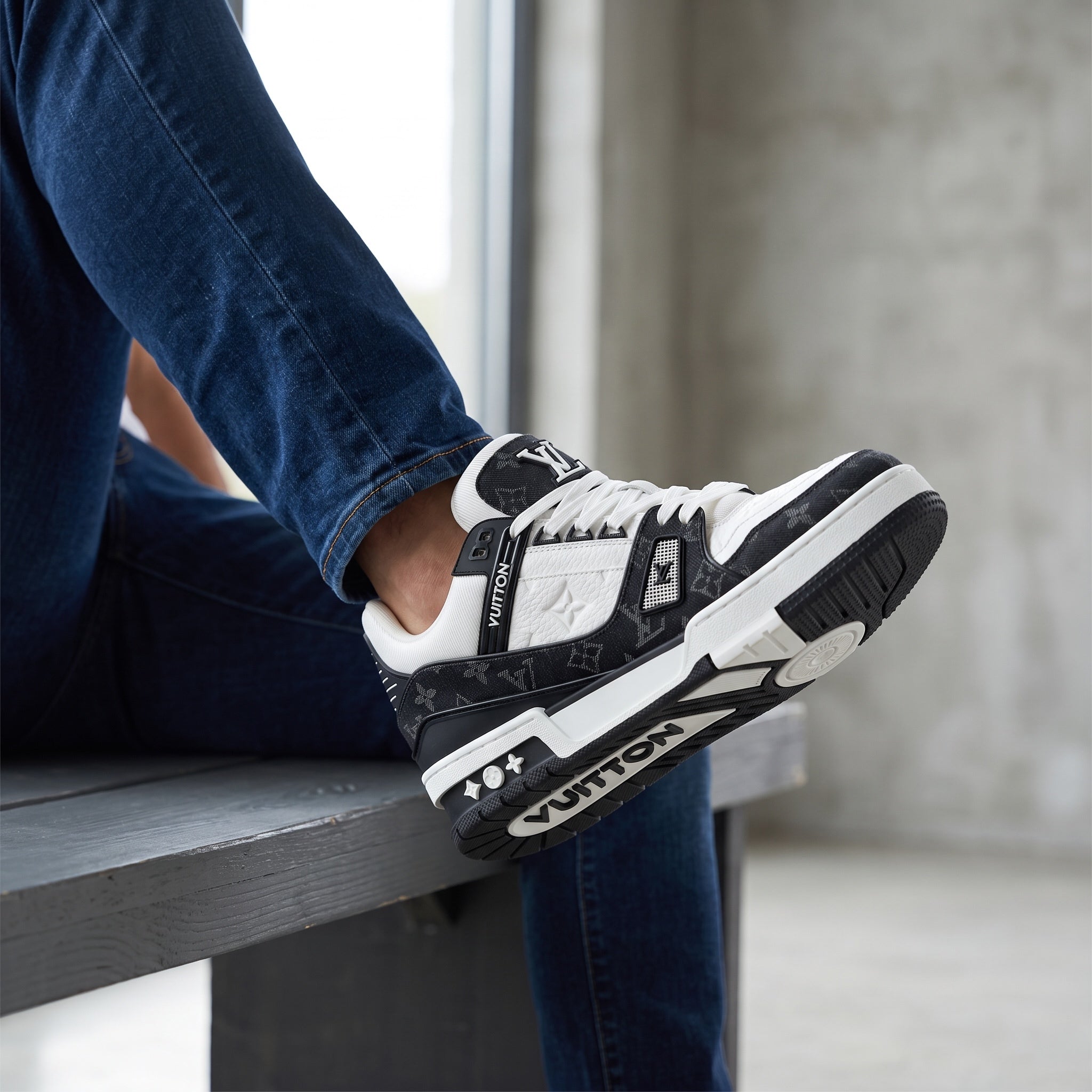 Louis Vuitton black and white monogram low-top sneakers
