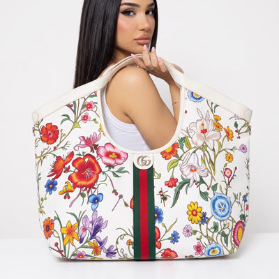 White Gucci tote bag with multicolor floral print, GG logo and green-red web stripe