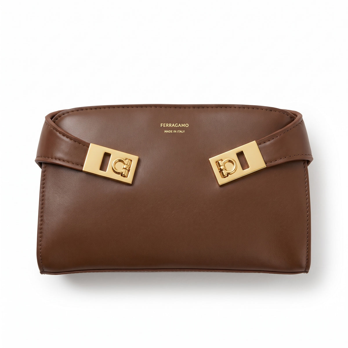 Ferragamo brown shoulder bag with gold square hardware and debossed logo