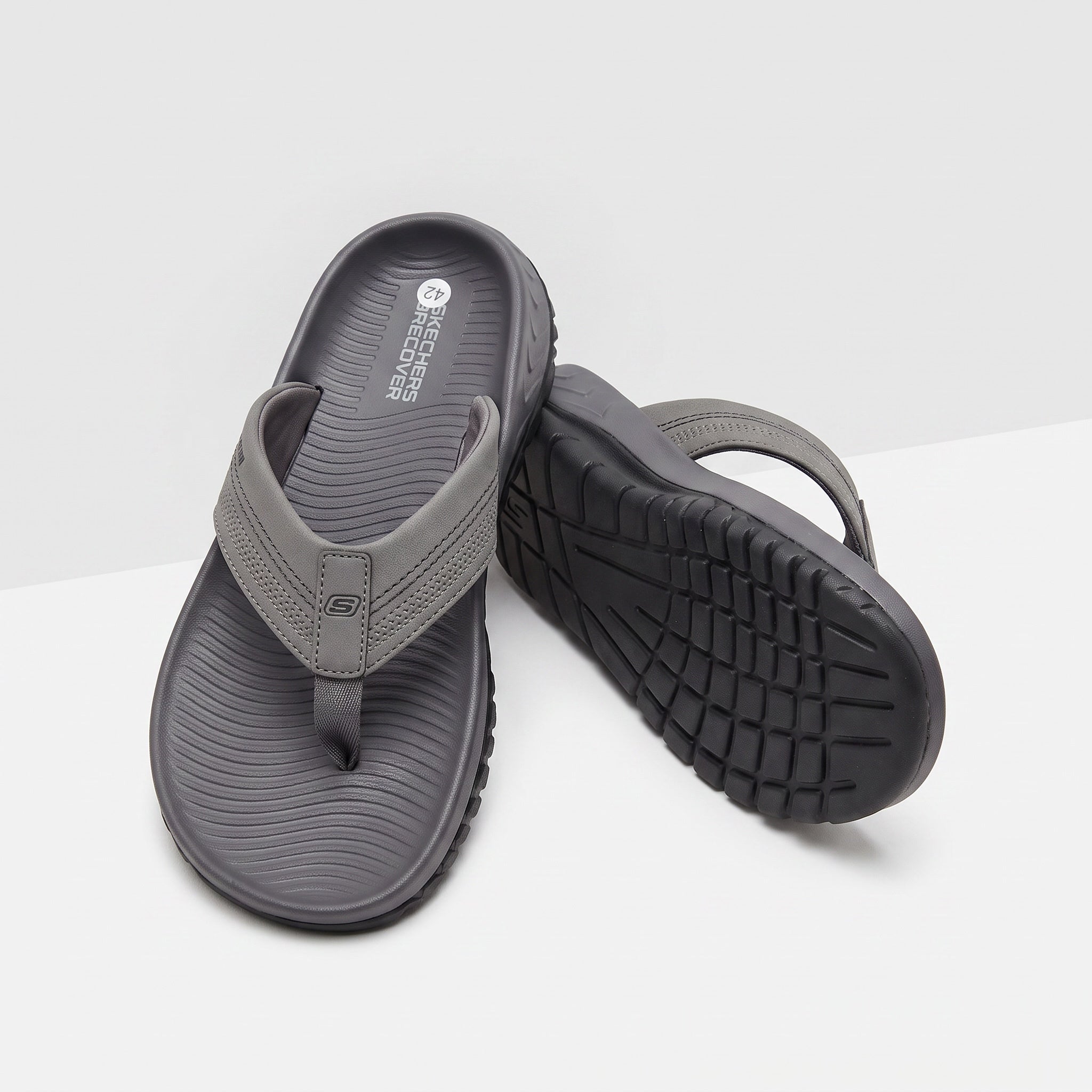 Grey Skechers Recovery men's flip-flop with textured footbed and treaded sole