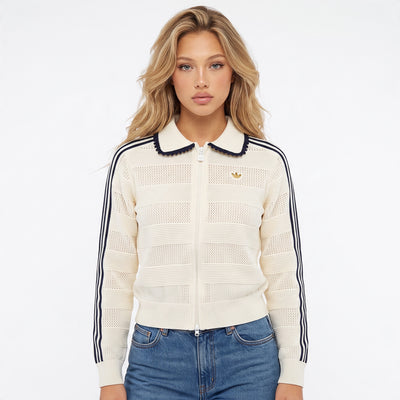 Cream Adidas knit zip track jacket with navy three stripes and scalloped trim