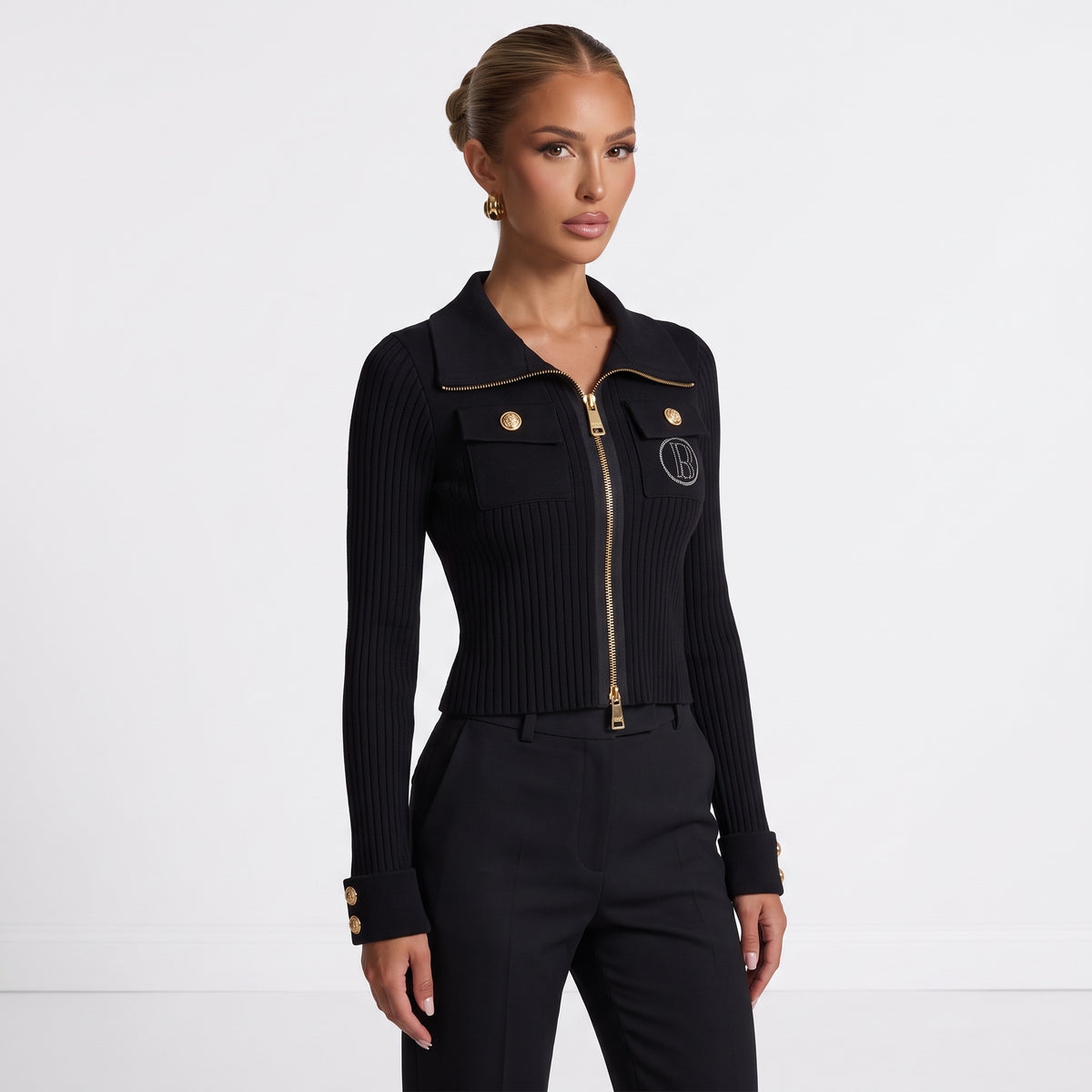Black Balmain ribbed zip jacket with gold buttons and embroidered B logo