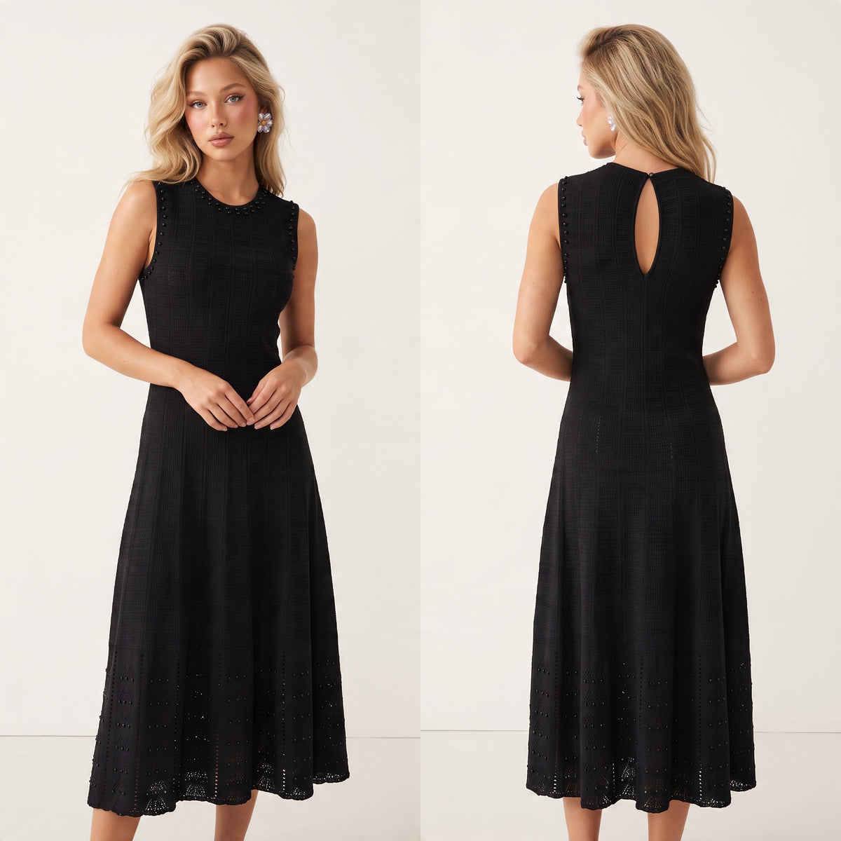 Black sleeveless knit midi dress with stud trim and keyhole back