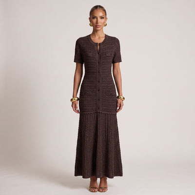 chocolate brown knit cardigan-style midi dress with pleated skirt and patch pockets