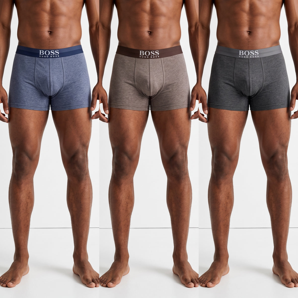 Three heathered Hugo Boss boxer briefs in navy brown and charcoal on model