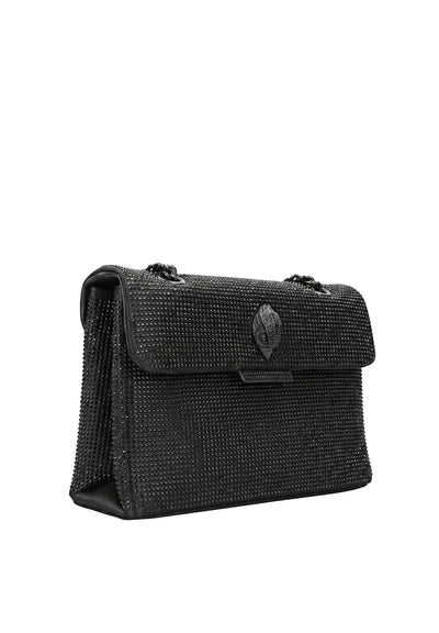 Black crystal-studded Kurt Geiger shoulder bag with dark metal chain handles and flap clasp