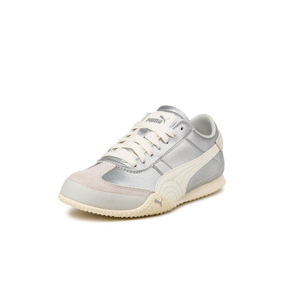 Puma low-profile silver metallic trainer with cream formstrip and textured off-white sole