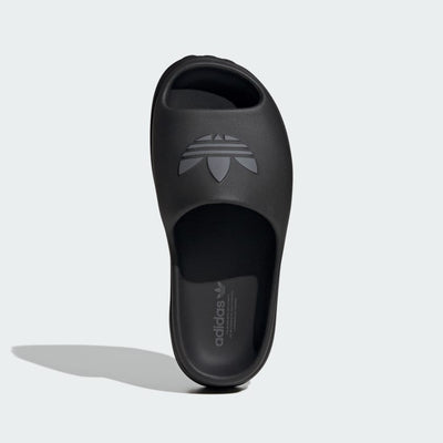 black adidas platform slide sandal with embossed trefoil