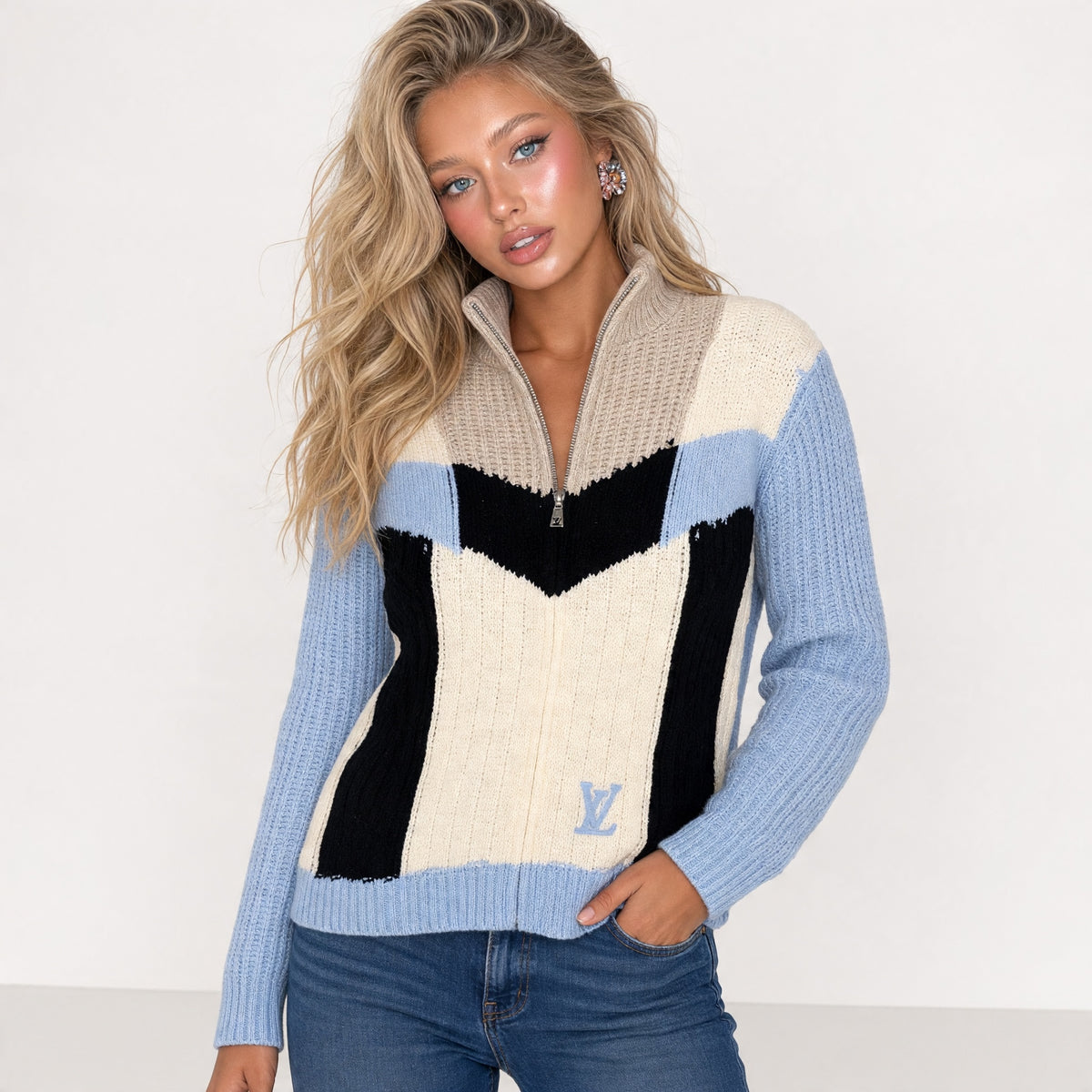 Louis Vuitton Cable-Knit Zip Sweater – Blue Cream