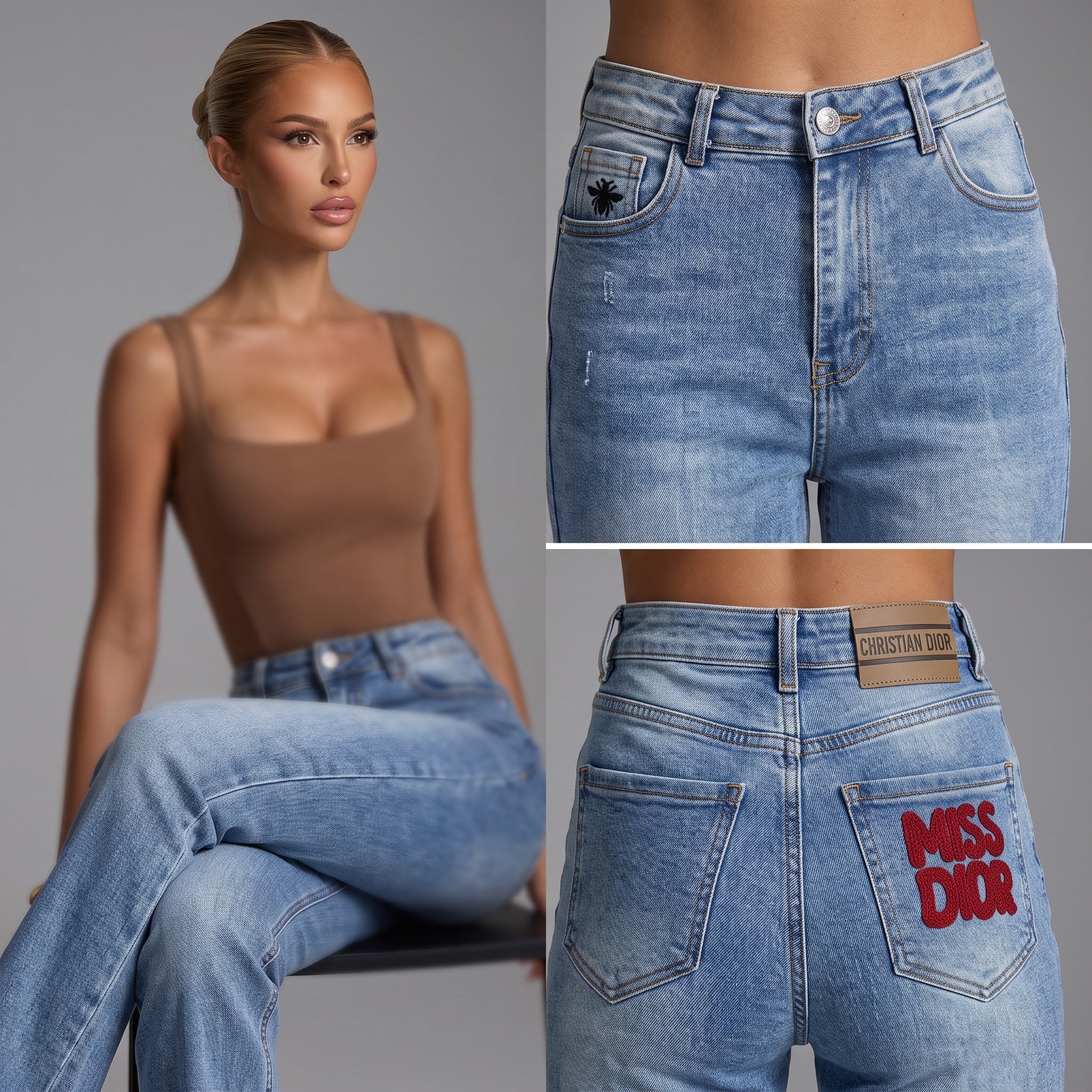 Light blue Christian Dior jeans with red MISS DIOR pocket embroidery and bee detail