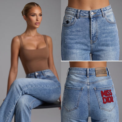 Light blue Christian Dior jeans with red MISS DIOR pocket embroidery and bee detail