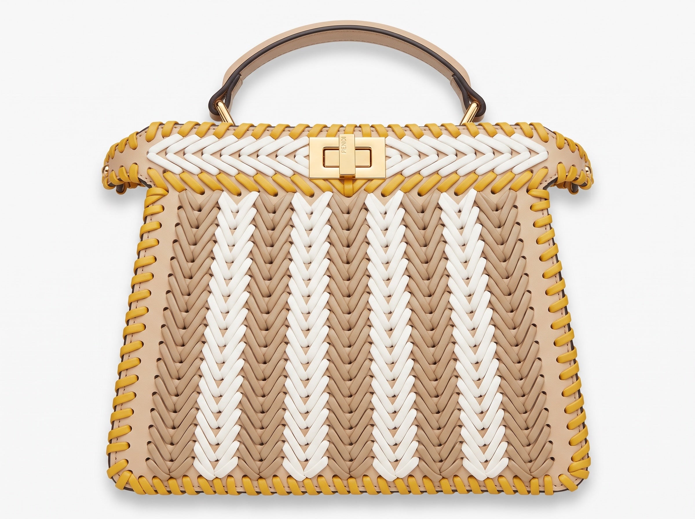 Beige white and yellow woven Fendi top-handle bag with gold turn-lock