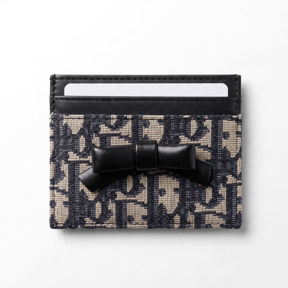 Ferragamo jacquard card holder with black leather bow and top card slot