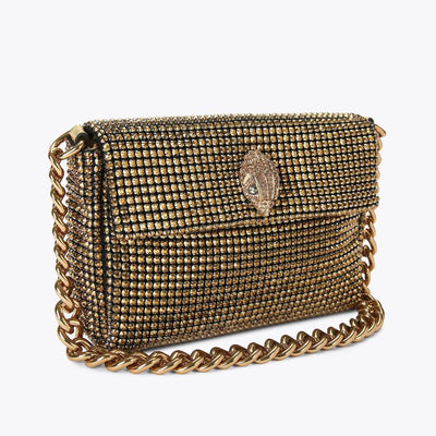 gold crystal mesh shoulder bag with sculpted jewel clasp and chunky chain strap