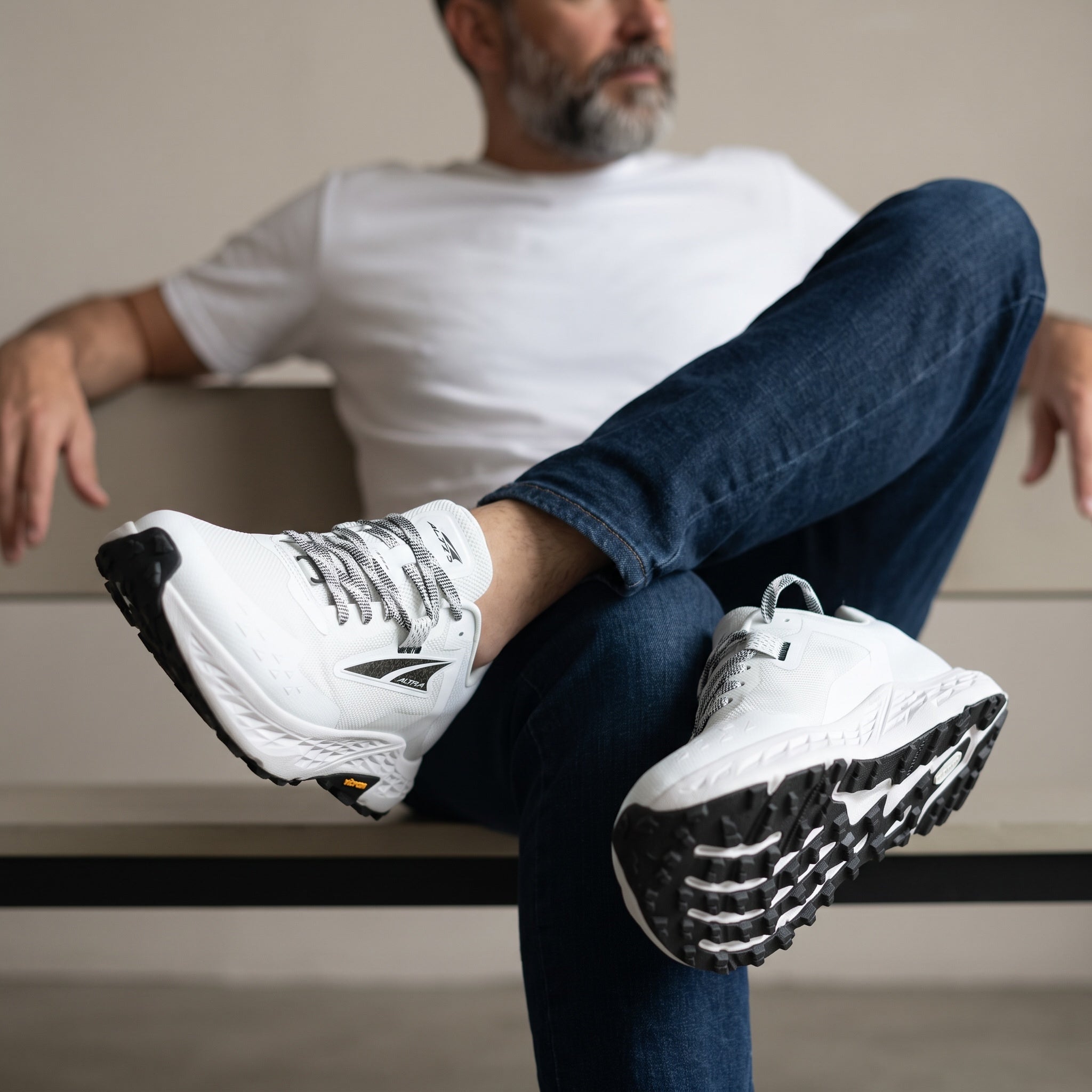 white Altra trail running shoe with Vibram outsole