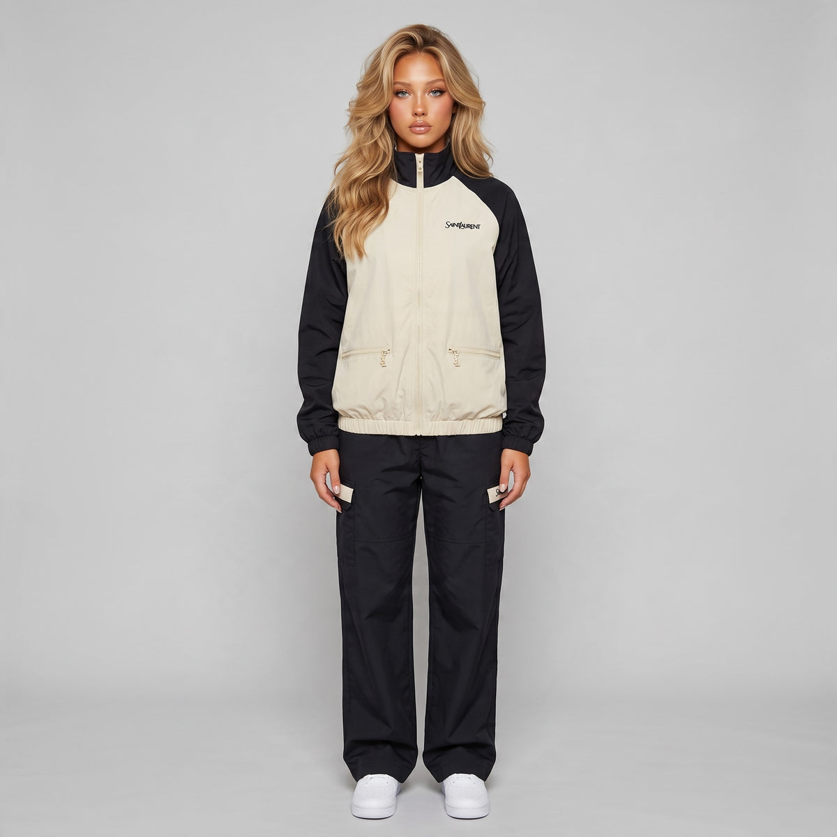 Saint Laurent beige and navy track jacket with cargo trousers laid flat and on model