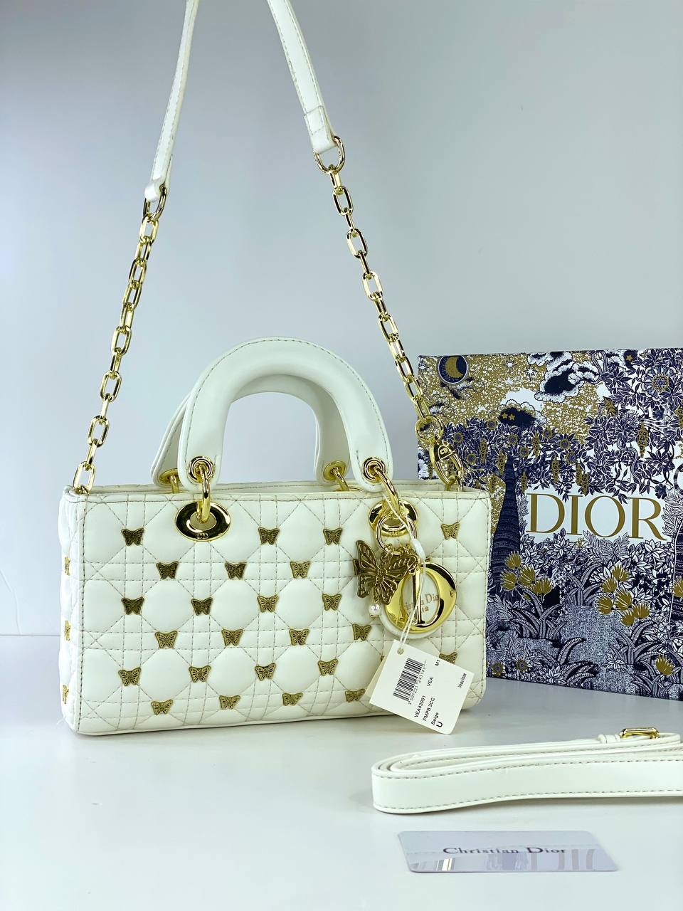 Dior Lady Dior Long Bag with Gold Butterfly Studs
