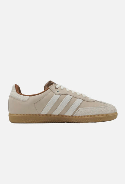 Adidas Samba low-top sneaker in chalk beige with off-white stripes and gum sole