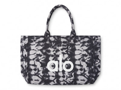 black and white tie-dye Alo logo tote bag with shoulder handles