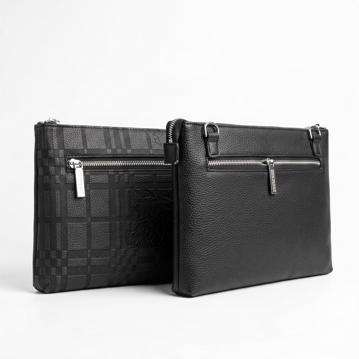 Black Burberry zip pouch with embossed check and front zip pocket
