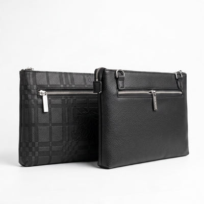 Black Burberry zip pouch with embossed check and front zip pocket