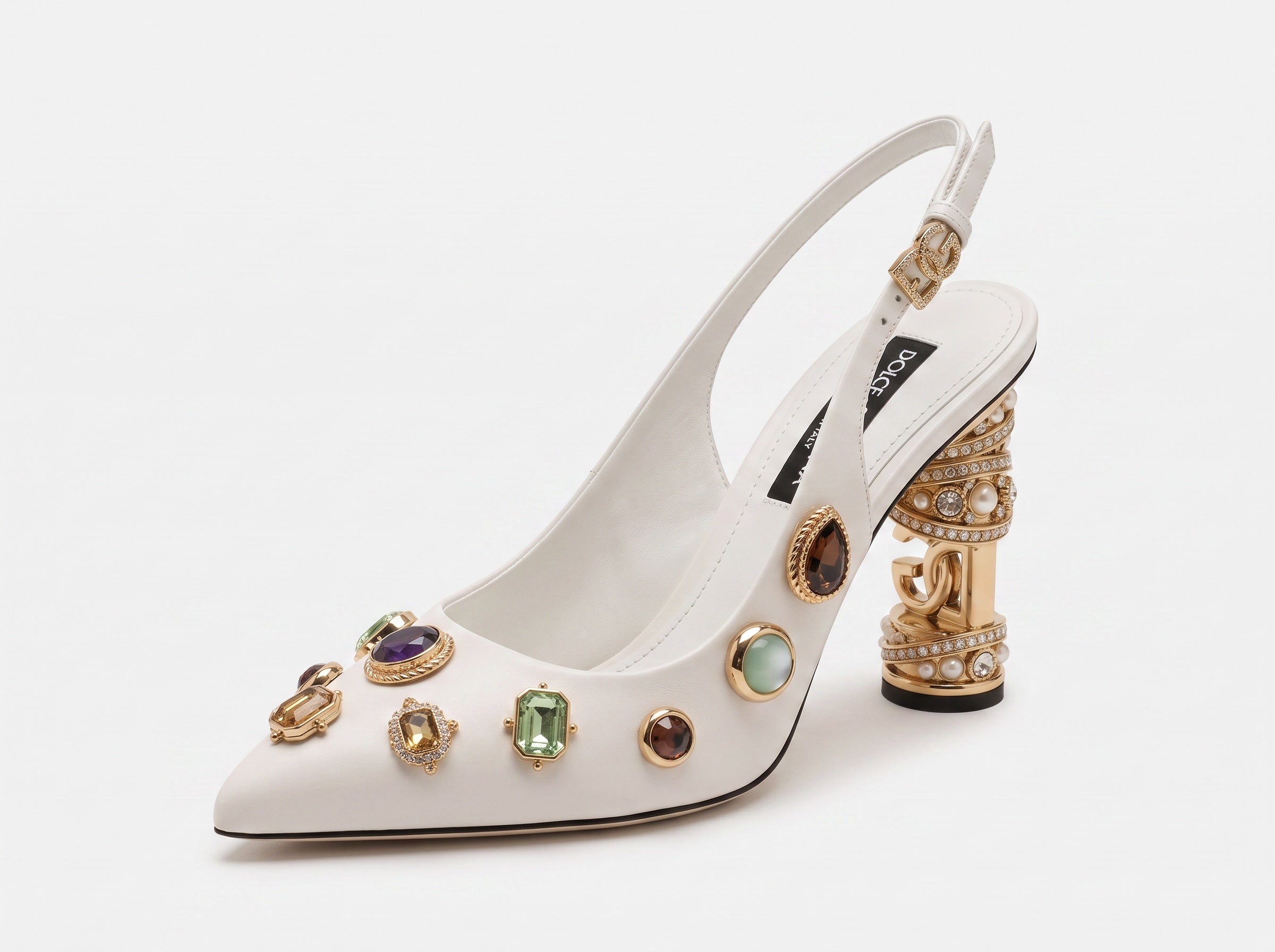 White Dolce & Gabbana slingback heels with jeweled embellishments and gold sculptural heels
