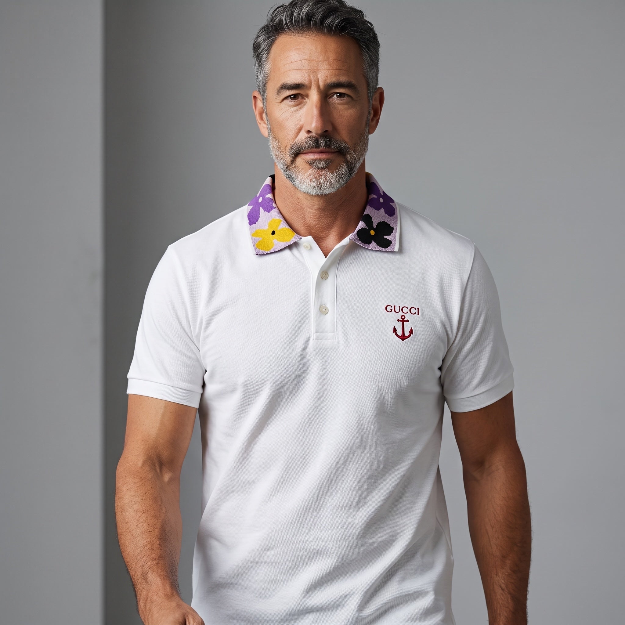 White Gucci polo shirt with multicolour floral knit collar and embroidered logo
