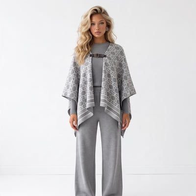 Grey geometric patterned cape with front buckle closure