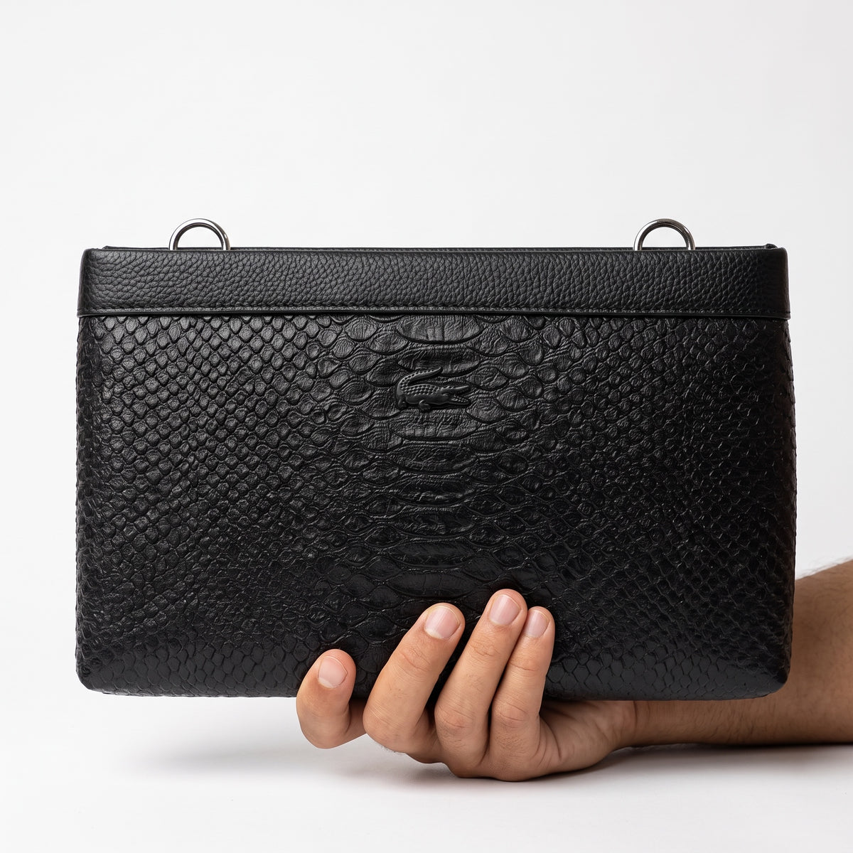 Black Lacoste embossed croc clutch pouch with metal D-rings
