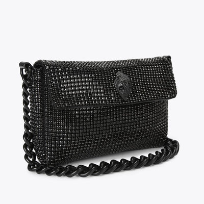 black crystal-embellished shoulder bag with chunky chain and bird-head clasp